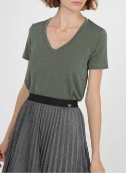 Please Green V-neck T-shirt With Metallic Thread