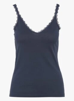MAISON 123 Blue Cotton V-neck Lace Detail Tank Top -Morganmai Store 2872076
