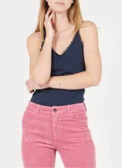 MAISON 123 Blue Cotton V-neck Lace Detail Tank Top