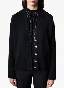 Zadig & Voltaire MIRKA - Black V-neck Cashmere Cardigan With Star Buttons