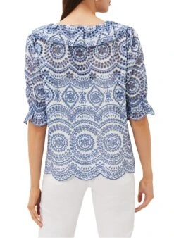 White V-neck Top With Broderie Anglaise -Morganmai Store 3625182