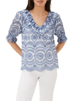 White V-neck Top With Broderie Anglaise