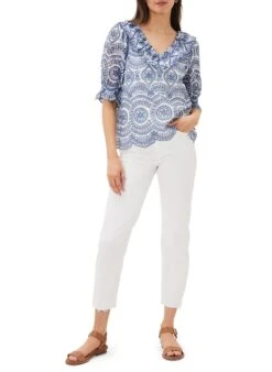 White V-neck Top With Broderie Anglaise -Morganmai Store 3625184