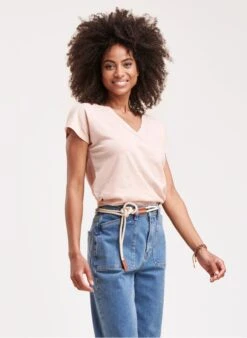 Beige Metallic Linen V-neck T-shirt