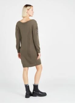 Ikks Khaki Knit Midi Dress With Low-cut V-neck -Morganmai Store 3703892