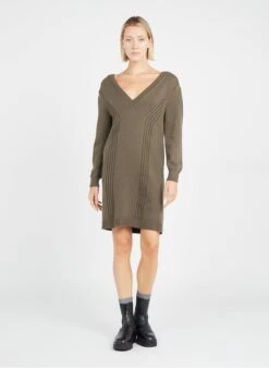 Ikks Khaki Knit Midi Dress With Low-cut V-neck -Morganmai Store 3703893