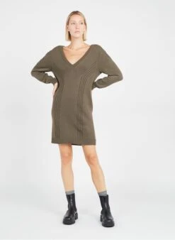 Ikks Khaki Knit Midi Dress With Low-cut V-neck