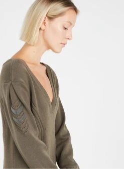 Ikks Khaki Knit Midi Dress With Low-cut V-neck -Morganmai Store 3703896