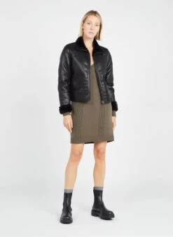 Ikks Khaki Knit Midi Dress With Low-cut V-neck -Morganmai Store 3703956