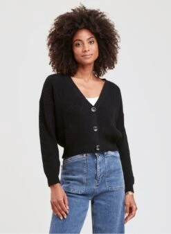 Black Cropped V-neck Cardigan