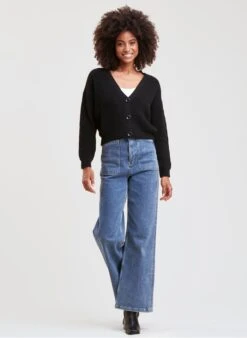 Black Cropped V-neck Cardigan -Morganmai Store 3791068