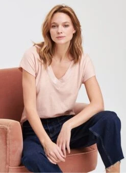 Beige Metallic Linen V-neck T-shirt -Morganmai Store 3909316