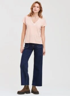 Beige Metallic Linen V-neck T-shirt -Morganmai Store 3909317