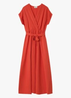 INGRID - Orange Flowing V-neck Midi Dress -Morganmai Store 3913343