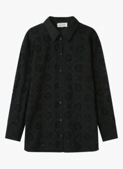 IVONA - Black Openwork Cotton Shirt With Classic Collar -Morganmai Store 3913410