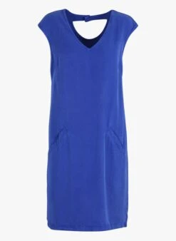 ONE STEP Blue Straight-cut V-neck Midi Dress -Morganmai Store 3924216