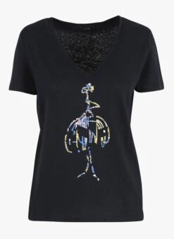ONE STEP Blue V-neck Cotton And Linen T-shirt With Screen Print -Morganmai Store 3924221