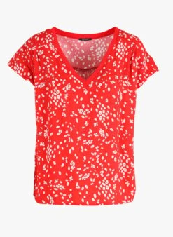 ONE STEP Red Floral Print V-neck Top -Morganmai Store 3924226