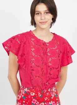 Petite Mendigote EVELYNE - Pink Round-neck Embroidered Cotton Shirt