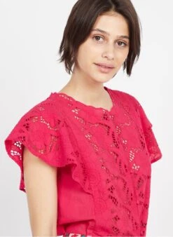 Petite Mendigote EVELYNE - Pink Round-neck Embroidered Cotton Shirt -Morganmai Store 3926101