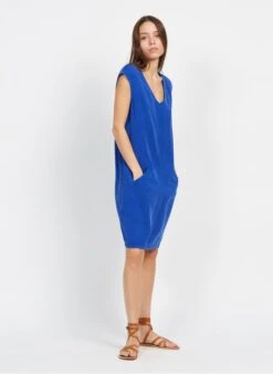ONE STEP Blue Straight-cut V-neck Midi Dress -Morganmai Store 3927330
