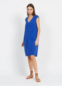 ONE STEP Blue Straight-cut V-neck Midi Dress