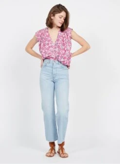 DES PETITS HAUTS SERGINO - Pink V-neck Printed Cotton Blouse 12 DES PETITS HAUTS SERGINO - Pink V-neck Printed Cotton Blouse -Morganmai Store 3928307
