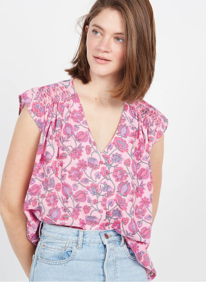 DES PETITS HAUTS SERGINO - Pink V-neck Printed Cotton Blouse 1 DES PETITS HAUTS SERGINO - Pink V-neck Printed Cotton Blouse