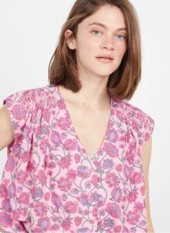 DES PETITS HAUTS SERGINO - Pink V-neck Printed Cotton Blouse 10 DES PETITS HAUTS SERGINO - Pink V-neck Printed Cotton Blouse -Morganmai Store 3928310