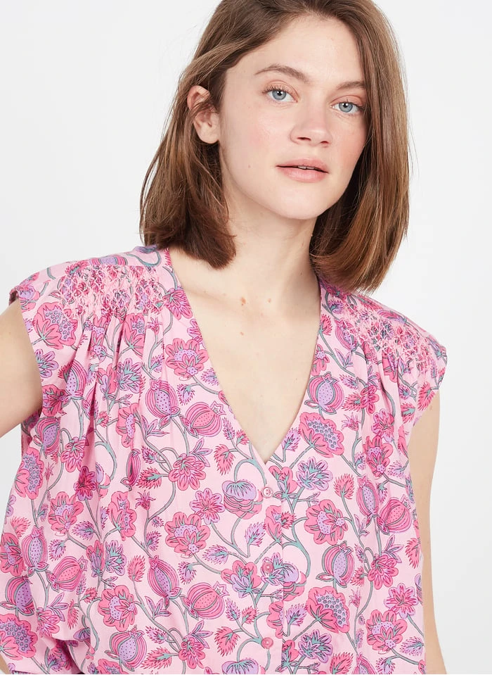 DES PETITS HAUTS SERGINO - Pink V-neck Printed Cotton Blouse 4 DES PETITS HAUTS SERGINO - Pink V-neck Printed Cotton Blouse - Image 4