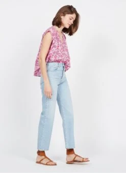 DES PETITS HAUTS SERGINO - Pink V-neck Printed Cotton Blouse 11 DES PETITS HAUTS SERGINO - Pink V-neck Printed Cotton Blouse -Morganmai Store 3928311