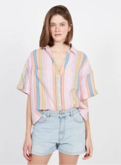 DES PETITS HAUTS ERICOLA - Pink Loose-fit Striped Cotton Shirt -Morganmai Store 3928454