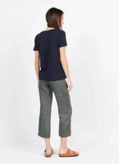 ONE STEP Blue V-neck Cotton And Linen T-shirt With Screen Print -Morganmai Store 3951034