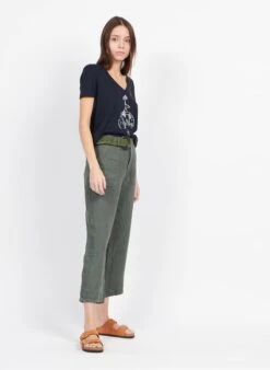 ONE STEP Blue V-neck Cotton And Linen T-shirt With Screen Print -Morganmai Store 3951035