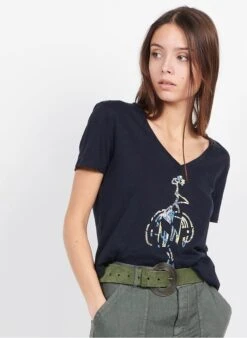 ONE STEP Blue V-neck Cotton And Linen T-shirt With Screen Print