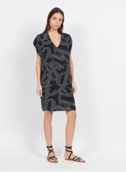 ONE STEP Black Printed V-neck Midi Dress -Morganmai Store 3951093