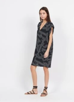 ONE STEP Black Printed V-neck Midi Dress