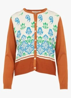 Red Buttoned Cardigan With Floral Pattern -Morganmai Store 3952138