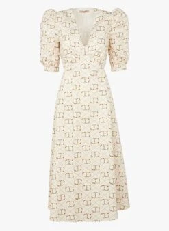 TWINSET Beige Printed Cotton V-neck Maxi Dress -Morganmai Store 3972536