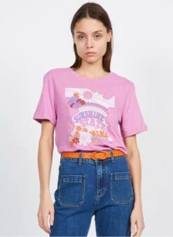 Suncoo MOANA - Purple Round-neck Linen And Cotton T-shirt With Screen Print