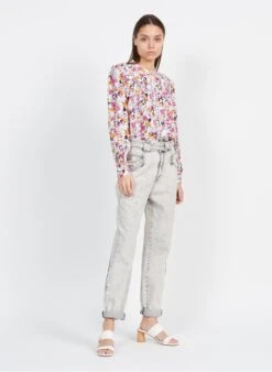 Suncoo LOUNA - Pink Printed Shirt With Mandarin Collar -Morganmai Store 3980359