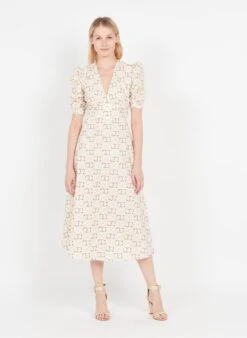 TWINSET Beige Printed Cotton V-neck Maxi Dress