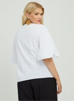 White Cotton T-shirt With Ruffled Sleeves -Morganmai Store 3982030