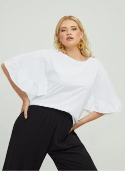 White Cotton T-shirt With Ruffled Sleeves