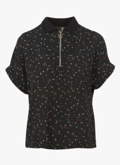 Black Printed Top With Classic Collar -Morganmai Store 3997510