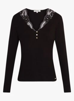 MORGAN TADAME - Black V-neck Top With Lace -Morganmai Store 3999529