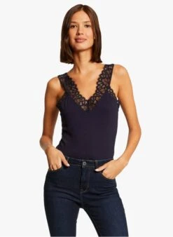 MORGAN Blue V-neck Top With Lace