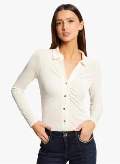 MORGAN TWILU - Beige V-neck T-shirt With Turn-ups