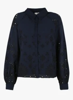 YAS Blue Embroidered Cotton Shirt With Classic Collar -Morganmai Store 4009453