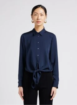 THEORY BD TIE WAIST - Blue Silk Shirt With Classic Collar